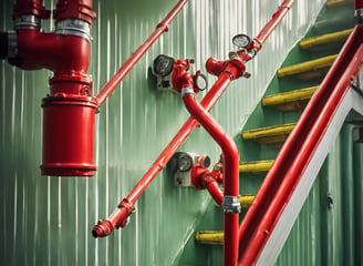 A bright red firefighting pipe system is installed along a staircase with green and white walls. The pipes include prominent valves and connectors, and a yellow gas pipe runs parallel to the firefighting system. The stairs have wooden steps and white railings.