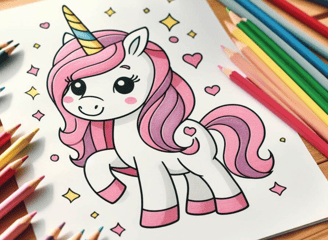 unicorn color page is on a table with colorful pencils