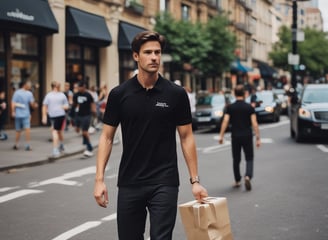 a man walking down the street with a parcel box