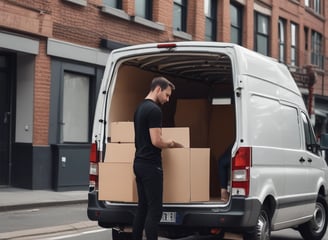 a man standing in front of a van with boxes