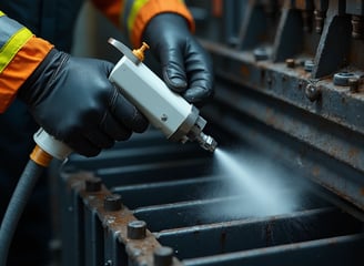 Close-up action shot of an industrial worker's hands cleaning equipment with a dry ice blasting gun.