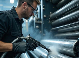 ndustrial technician cleaning a large printing press or roller machine using dry ice blasting.