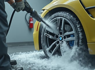 A close up of an Automotive technician cleaning a BMW car wheel using Dry Ice Blasting