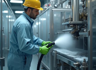 Close-up of industrial technician's gloved hands operating a white dry ice blasting gun on red equip