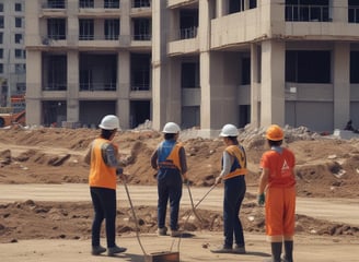An urban construction site with a mix of old industrial brick buildings and modern skyscrapers in the background. The ground appears excavated, with visible construction machinery and debris. The scene conveys a transitional phase between the old and new architecture.
