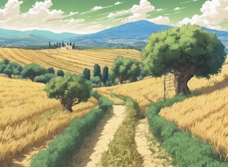 a trails near a grain fields with some olive trees in the Spoleto Valley