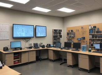 A small robotic vehicle is positioned on a wooden table, equipped with large black wheels and multiple colored wires connected to its top. Various electronic components are scattered around, including a pair of pink scissors, cables, and a small bowl.