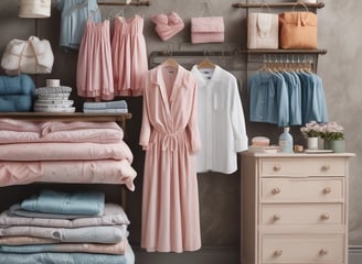 A variety of knitted and crocheted textiles, including hats, scarves, and socks, arranged on a wooden floor. There are several balls of yarn in different colors, knitting needles, and crochet hooks scattered around. The textures are soft and cozy, featuring earthy tones like gray, beige, and dark blue.