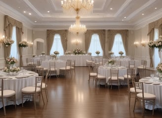 An elegantly decorated banquet setting featuring tall arrangements of white and cream flowers on stands, with cascading flowers overhead. Warm lighting from hanging bulbs adds a soft glow to the scene, complementing the flowing draped fabrics in the background and on the tables.