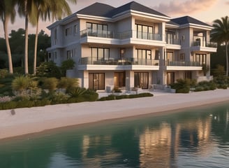 A construction site features multiple structures in various stages of development, with brick buildings prominently situated in an area cleared of vegetation. Workers are visible on-site carrying out construction tasks. The site is surrounded by greenery and trees, with hills and other built structures in the distance.