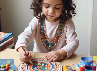 A young child with their hair in a ponytail sits at a table, interacting with a tablet device. The child rests one hand against their face while using their other hand to touch the screen. Natural light filters through large windows in the background, creating a soft and calm environment.