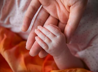 Mother holding a newborn baby's hand