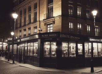 A picturesque Parisian street features a charming café brasserie adorned with festive lights and floral decorations. Several tables with woven chairs are set for diners along the sidewalk. The scene is framed by classic European architecture with wrought iron balconies.