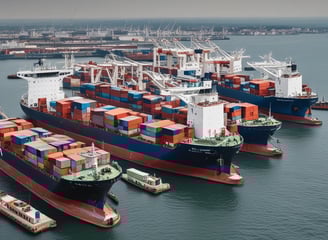 A large cargo ship loaded with numerous shipping containers stacked in various colors and brands, floating on a body of water. The containers display logos like MAERSK and MSC. The vessel's hull is visible, painted in a dark color with a visible watermark on its side.