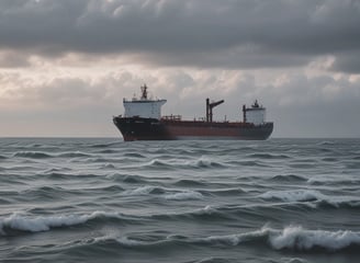 A green and white ship is sailing through calm, dark blue waters. The vessel appears to be equipped with various industrial machinery on its deck, indicating it might be a workboat or a dredger.