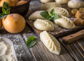 a table with a bowl of peaches and a culurgiones