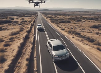 a drone following a car from behind and above