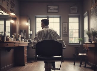 A modern barbershop with a stylish interior featuring exposed brick walls, sleek shelving filled with products, and framed photos on the walls. A barber is attentively working on a customer's haircut, using a hairdryer. The atmosphere is cozy and well-organized.