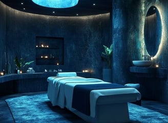 a spa room with a skylight and candles