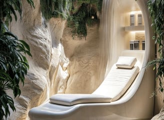 a white lounge chair in a room with a waterfall