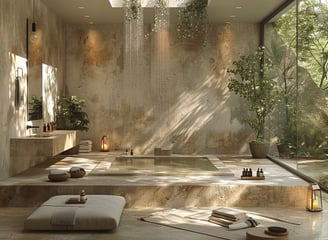 a large indoor spa with a large stone bathtub