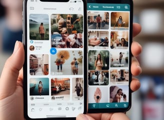 A hand holding a smartphone with an active social media profile page displayed on the screen. The page includes images of people, places, and objects in a grid layout typical of Instagram. The person has manicured nails and is wearing a ring.