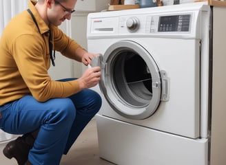 A person wearing red and black gloves is using a screwdriver to work on the underside of a metallic appliance. The appliance is mounted and has visible pipes connected to it. The person's forearm shows a tattoo.