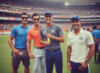 A group of people wearing colorful sports uniforms are playing cricket on a wide, open sandy ground. The sky is clear with a subtle gradient from blue to grey on the horizon. In the distance, there are structures that suggest a cityscape.