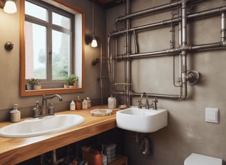 A row of ceramic sinks lined up against a metal railing, with two straw brooms leaning against the wall in an outdoor setting. The ground is paved with square tiles, and there is greenery in the background.