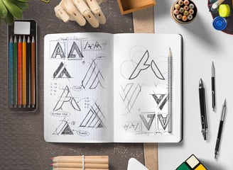 Creative logo sketches and design tools showcasing Desynco’s innovative design solutions.