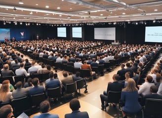 The image depicts a modern indoor setting with posters on a wall featuring a professional headshot and text related to marketing. Silhouetted figures are seated at tables in the foreground, casting shadows. The lighting is dim, creating contrast between the illuminated posters and darker seating area.