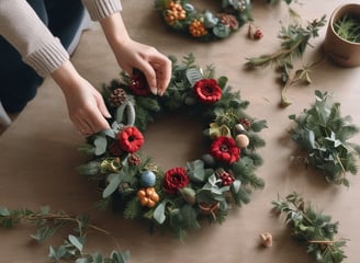 A geometric gold wire wreath is adorned with eucalyptus branches and green leaves scattered around a white background. Small, delicate white flowers are interspersed among the greenery.