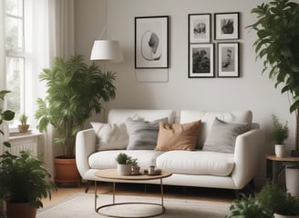 A cozy indoor setting with a beige sofa partially covered by a textured gray blanket. Next to the sofa is a wooden table holding two metal vases, casting soft shadows. The floor is covered in a thick, plush rug with a rich red and pink floral pattern, adding warmth and color to the scene.