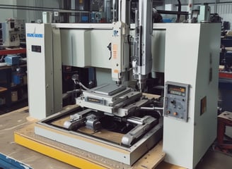 A CNC machine is actively carving out shapes from a sheet of plywood. The machining process involves a rotating cutting tool, creating precise geometric designs. Wood shavings are scattered around the area, indicating an ongoing task.