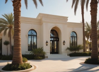 A waterfront scene featuring two large, modern houses with spacious terraces facing a calm body of water. The houses have palm trees nearby, adding a tropical feel to the environment. The sky is clear and blue, and the water reflects the buildings and the sky.
