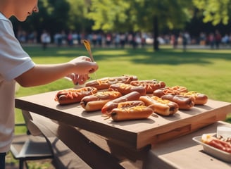 A retro-style turquoise food truck is parked in front of a building. The truck has vibrant red illuminated letters on top spelling out 'BRATYA GRILL' in Cyrillic. The sides of the truck are adorned with illustrations and names of different burger options, including Lucky, Killer, Chicken, Asia, Mona Lisa, Vegan, and Cowboy. Three wooden tables with metal barrels as bases are placed in front of the truck.