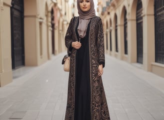 A portrait of a person wearing a silk brown hijab with elaborate makeup, including bold eyeliner and red lipstick. A decorative pendant is visible on the hijab.