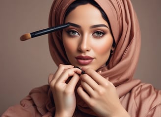 A black-and-white image of a person wearing a headscarf, smiling, and holding a makeup brush near their cheek. There is a round light source illuminating the face from the left side.