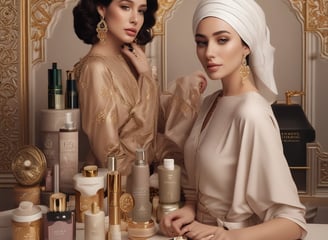 A collection of luxury beauty products is arranged on a textured, light cream surface. There is a bronzing powder with a turquoise and gold compact labeled 'Gucci', a bottle of 'Summer Fridays' mineral milk sunscreen, a small bottle of Jo Malone perfume, and a Dior highlighter in a white, round case.