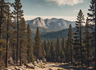 A small town street lined with trees and a clear sky. In the foreground, there is a sign for Idyllwild Realty and a 'no parking' sign. Mountains are visible in the background, and a person is walking down the street.