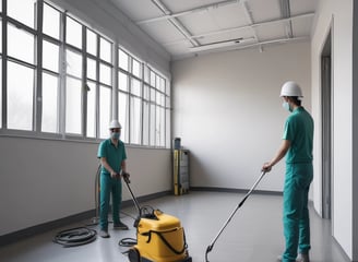 A person wearing a blue shirt and light-colored shorts is cleaning a large window. The sky outside is blue with scattered clouds and there are trees and parts of a building visible.