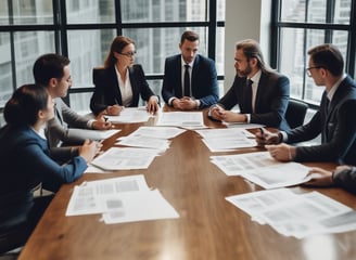 Four men in business attire are engaged in a discussion around a table. One man appears to be explaining something while pointing at some documents in front of them. The others are listening attentively, and one holds a pen and a mobile device. The setting is a plain office environment.