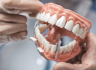 a table topped with fake teeth and dental tools