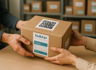 Manos entregando un paquete con código QR a una clienta, sobre un mostrador limpio con etiquetas