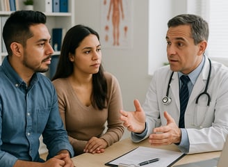 Pareja hispana recibiendo asesoría médica en consultorio, seguro de salud Infoseguros LLC