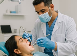 Odontólogo atendiendo a paciente mujer en clínica dental, seguro dental Infoseguros LLC