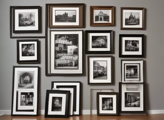 Several framed art pieces are displayed on a dark green wall. The frames are ornate with classic designs, and one of the paintings appears to have historical or classical themes. A large mirror with a simple white frame is also visible.