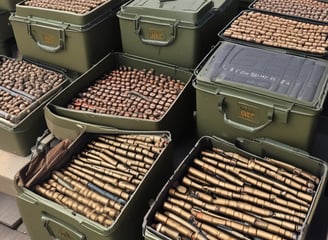 A shooting range target features a human silhouette with several bullet holes. The target is a bright orange color and is secured to a holder. Below the target, there is a black handgun placed on a tray next to a box of ammunition. The shooting range has a dim, industrial atmosphere with concrete walls and a paneled ceiling.