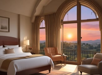 A series of wooden cabins with brown roofs are lined up in the background, surrounded by tall pine trees. In the foreground, clear water possibly from a hot tub or pool is visible with a white lounge chair nearby. A car is parked on the gravel area beside the cabins, with picturesque green mountains under a clear blue sky as the backdrop.