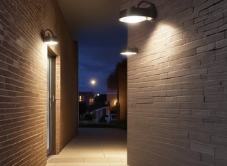 A security camera is mounted on the corner of a modern building with large, light-colored, rectangular panels. The facade has a minimalistic design with clean lines, and parts of window reflections are visible in the upper section.